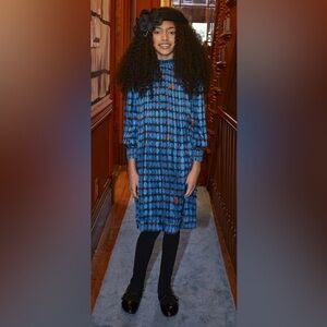 Porter Teen Girls Pleated Oval Print Dress Sz 22 Blue Belted Lined Juniors